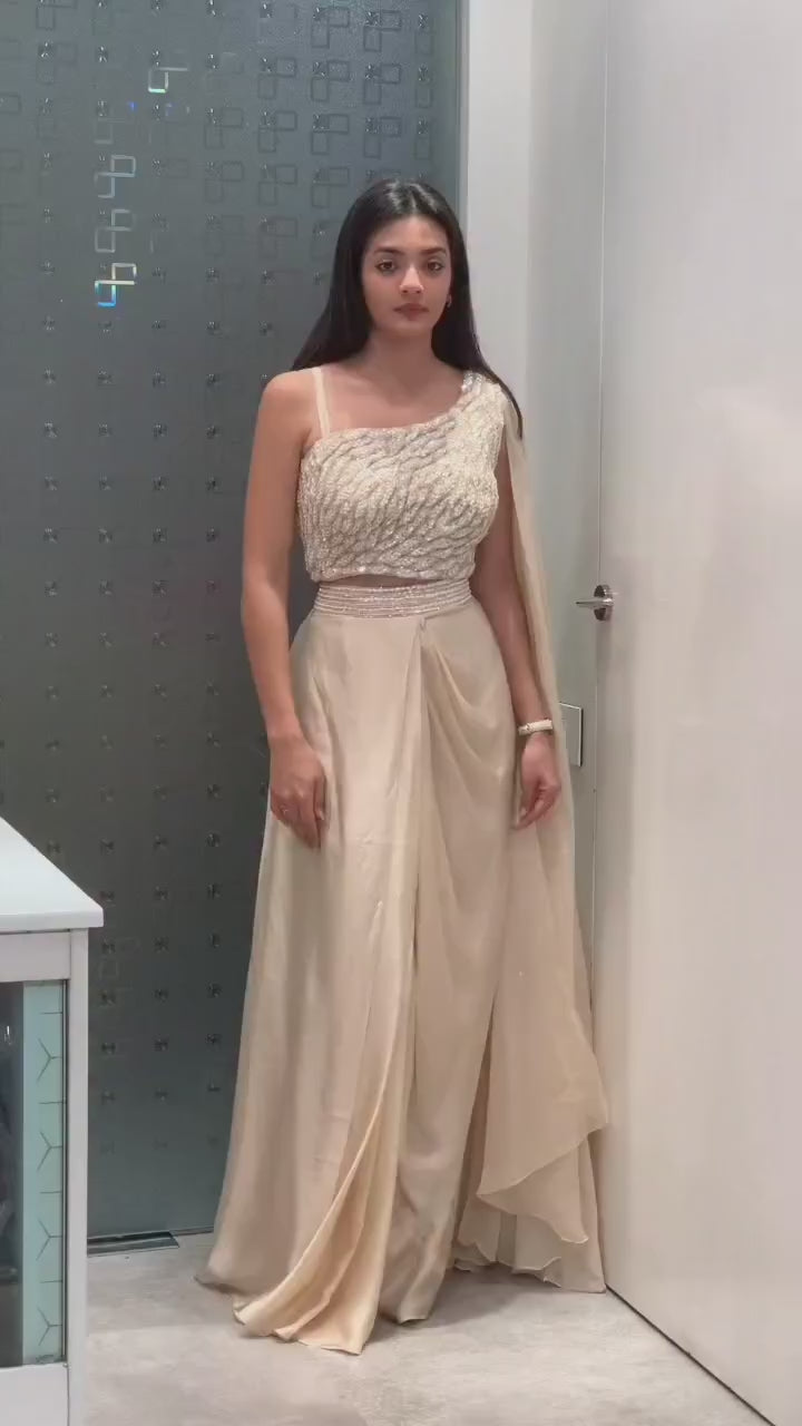 Elegant Cream Drape Saree with Heavy Embroidered Blouse | Ready-to-Wear Party & Wedding Wear