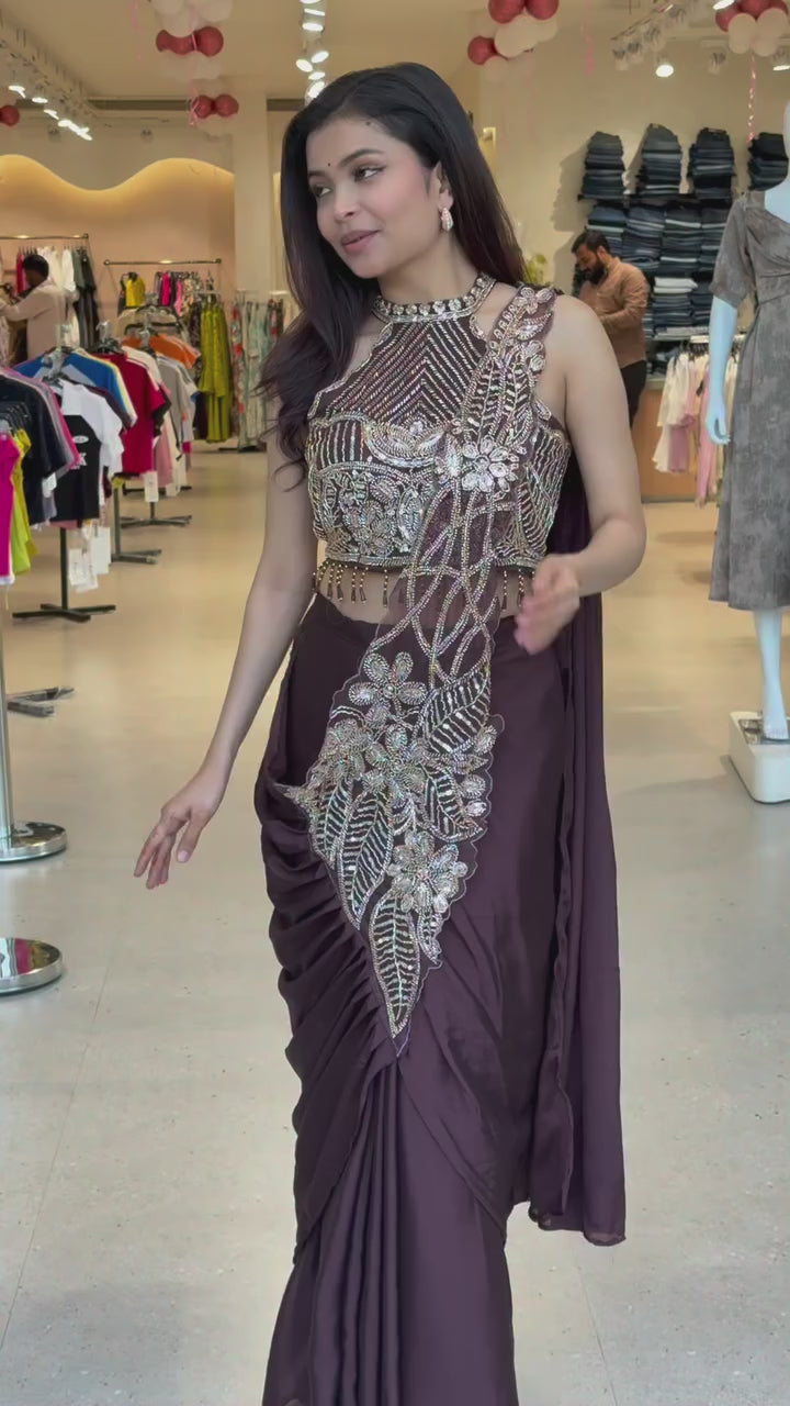 Premium Designer Ready-to-Wear Saree with Heavy Hand Embroidery & Statement Blouse – Chocolate Brown Party Wear Collection