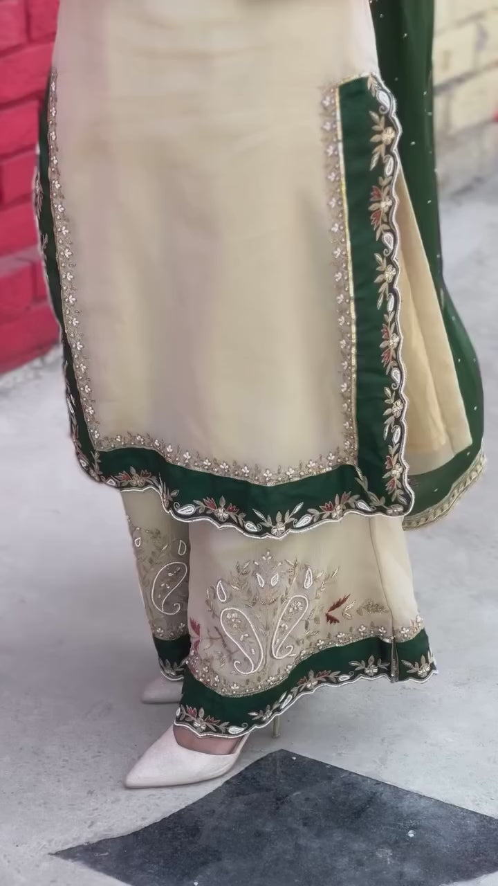 Elegant Cream & Green Embroidered Kurta Palazzo Set with Dupatta