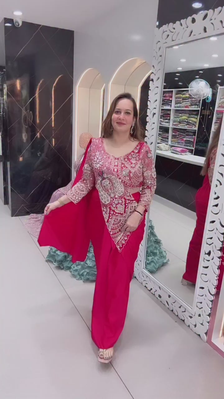 Premium Designer Ready-to-Wear Saree with Heavy Embroidery & Sequin Work – Hot Pink Party Wear Collection ✨💖