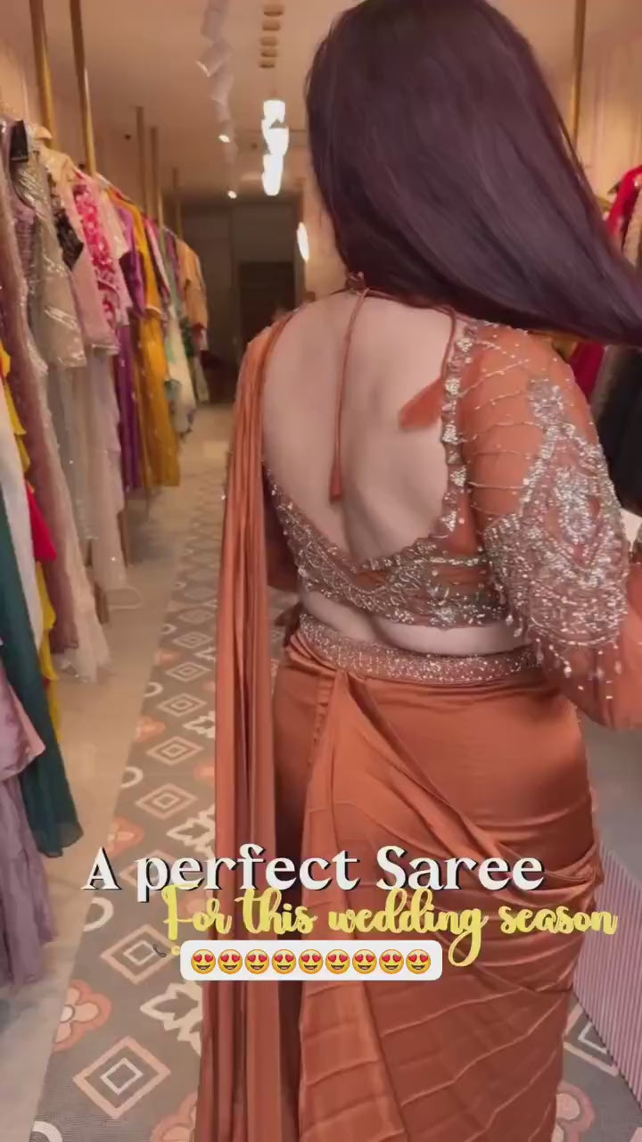 Luxury Copper Brown Ready-to-Wear Saree with Heavy Sequin Embroidery – Designer Party Wear Collection ✨🤎
