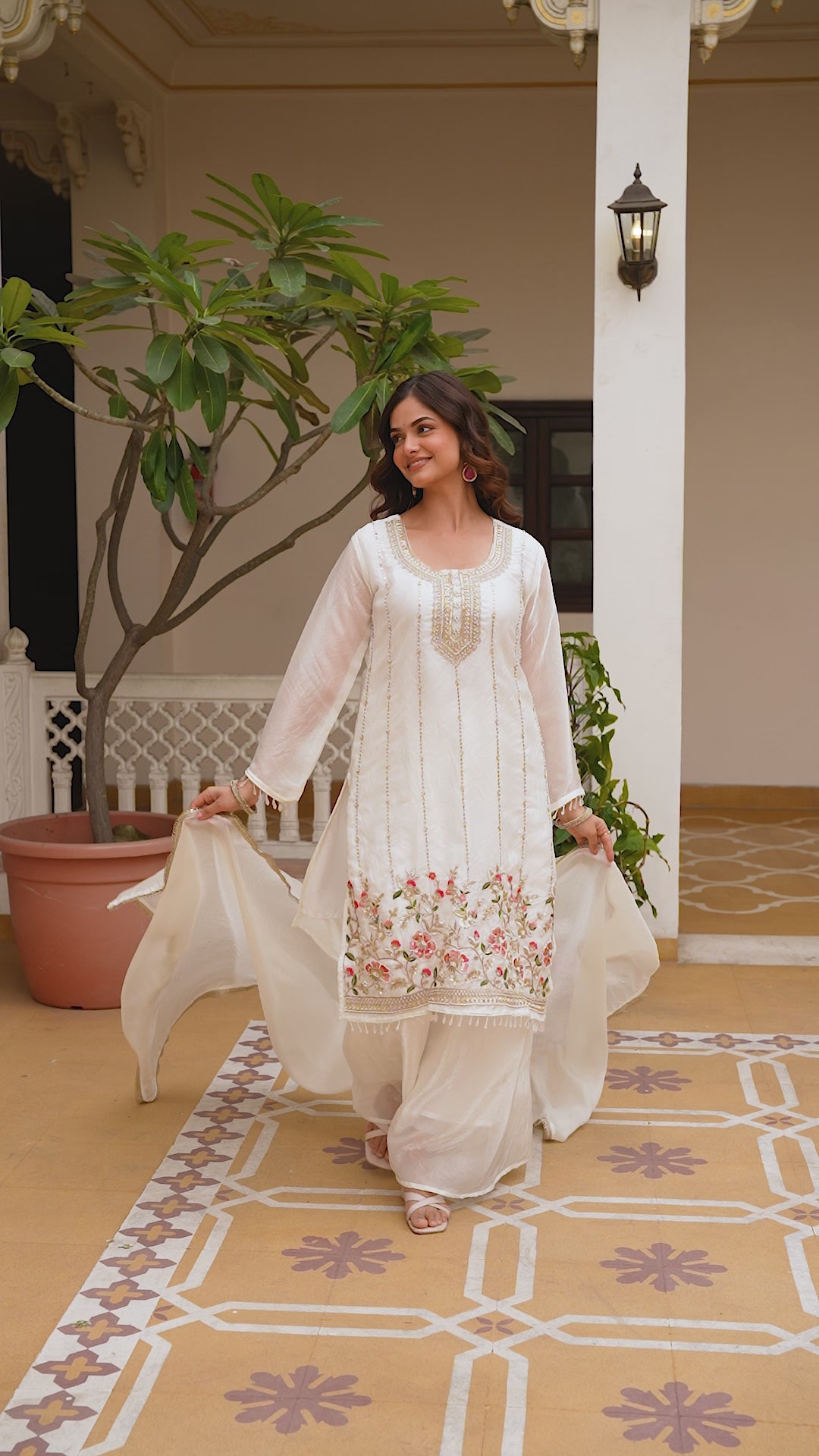Elegant Off White Embroidered Kurti Plazzo Set with Dupatta | Designer Ethnic Wear for Women