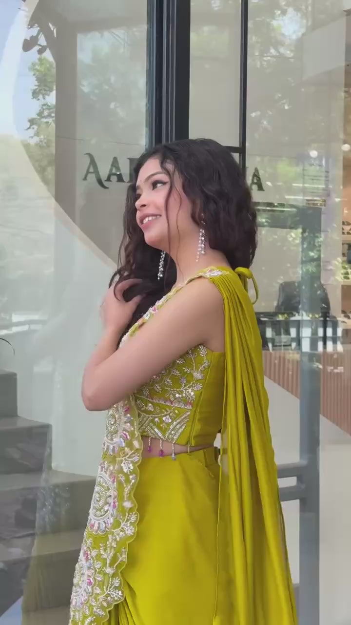 Trendy Lime Green Lehenga Saree with Heavy Embroidered Blouse