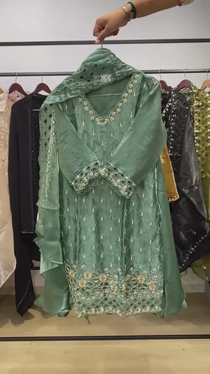 Elegant Green Embroidered Sharara Suit with Organza Dupatta for Festive & Wedding Wear